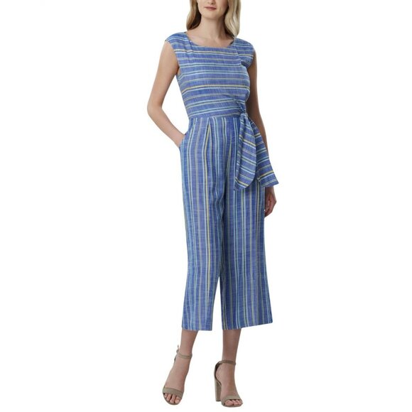 Tahari ASL Womens Striped Cropped Jumpsuit TLMU9WR515 12 Ivory Blue - Picture 7 of 7